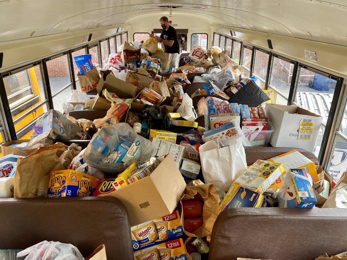 StateCollegeSD's tweet image. We successfully unloaded three buses packed full of food for the Stuff the Bus food drive. It filled two large conference rooms. Thank you to the volunteers and community members that donated. Now we sort!