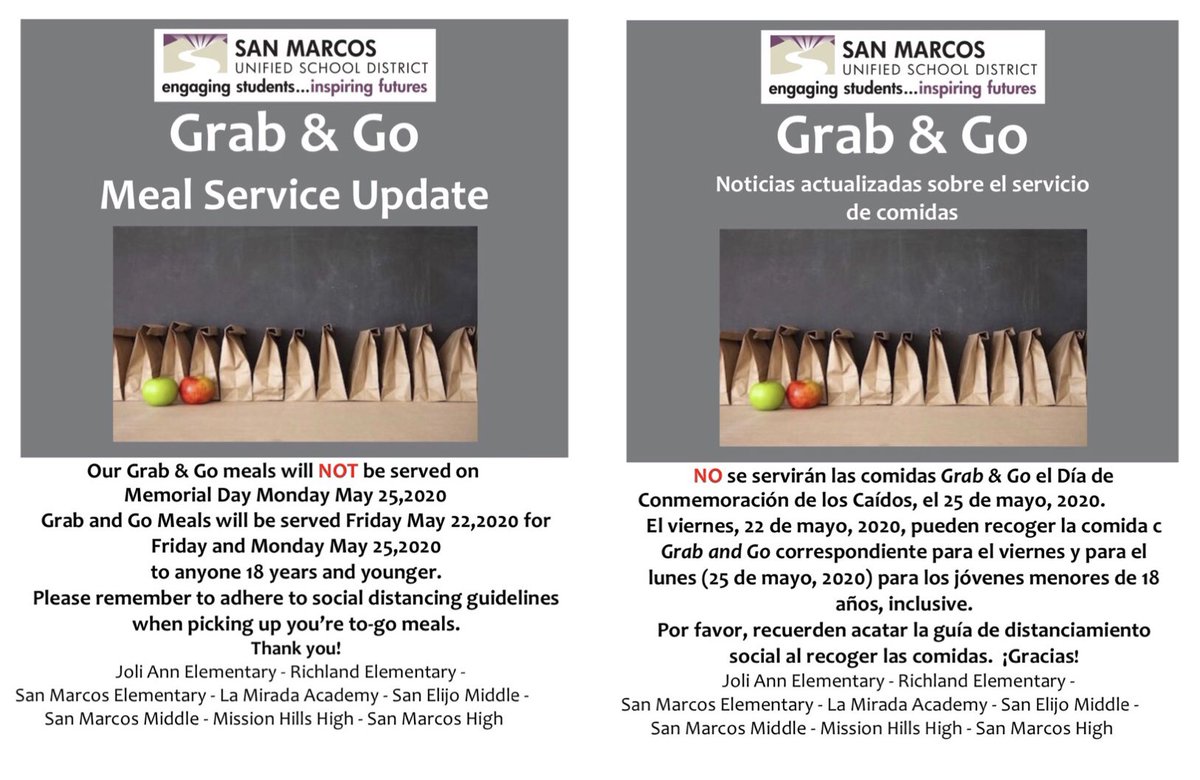 Please note Grab &amp; Go meals will not be served on Monday, May 25th, in observance of Memorial Day. One extra meal will be added to all Grab &amp; Go meals served on Friday, May 22nd.