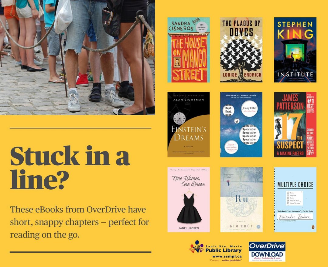 SSM_Library's tweet photo. Lining up is no fun but we've made it slightly more entertaining for you. Here are some books with short and snappy chapters, perfect for waiting in line! 🙏
#ssm #sault #ssmpl #library #soo #saultstemarie #thesoo #publiclibrary #community #staysafe #socialdistancing #reading https://t.co/azsMhkgsBn