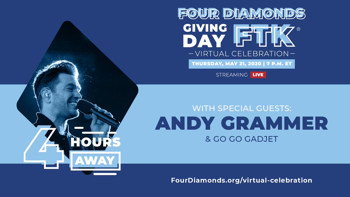 fourdiamonds's tweet image. The countdown is on: 4️⃣ hours until we go live for the Giving Day FTK®  Virtual Celebration with @GoGoGadjetBand and @andygrammer! Double your impact For The Kids when you make a gift to Four Diamonds today. 💙 bit.ly/3cOQytr
#DanceWithUsFTK