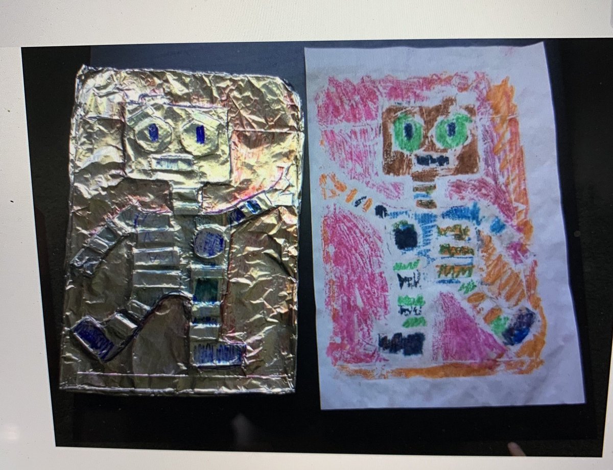 Can you believe a kindergartener made this amazing robot print!?!? I love it! Just aluminum foil, cardboard and markers for this creative project! #Wal109 #Engage109
