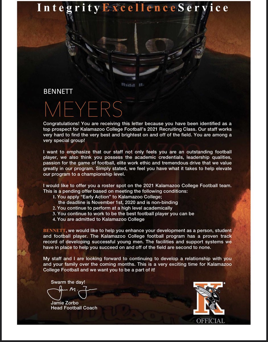 Extremely honered to receive my second offer to play college football from Kalamazoo College! Thank you to <a href="/CoachCWhitehead/">Clay Whitehead</a> and the entire coaching staff!