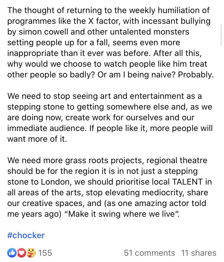 I wrote this on Facebook yesterday & it got a few people talking. It’s about the #arts, #Regionaltheatre & the future. We should get talking about building the arts up outside of London and breathing life in our towns and cities while doing it. @lpoolcouncil @mayor_anderson