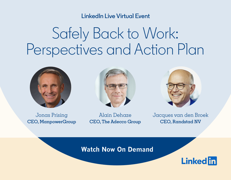 ManpowerGroup's tweet image. Missed yesterday&apos;s LinkedIn Live with @JonasPrising and the other CEOs of the #SafelyBackToWork Alliance? Watch the on-demand broadcast here: bit.ly/2Zr0fum #SmartRestart