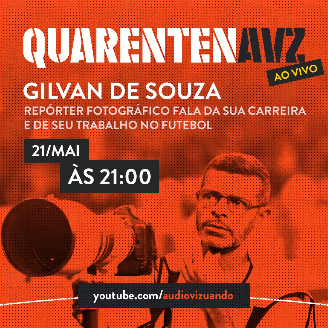 Na live desta QUINTA vai aquela ReZenha™ como o fotógrafo <a href="/gilvandesouza9/">Gilvan de Souza</a>.
Vamos falar de sua carreira e, principalmente, fotografia no futebol!

21 de Maio, às 21h00, na nossa #QurentenAVZ. 
LIVE!

youtube.com/audiovizuando
Ative a notificação lá no canal e compartilhe!🤘