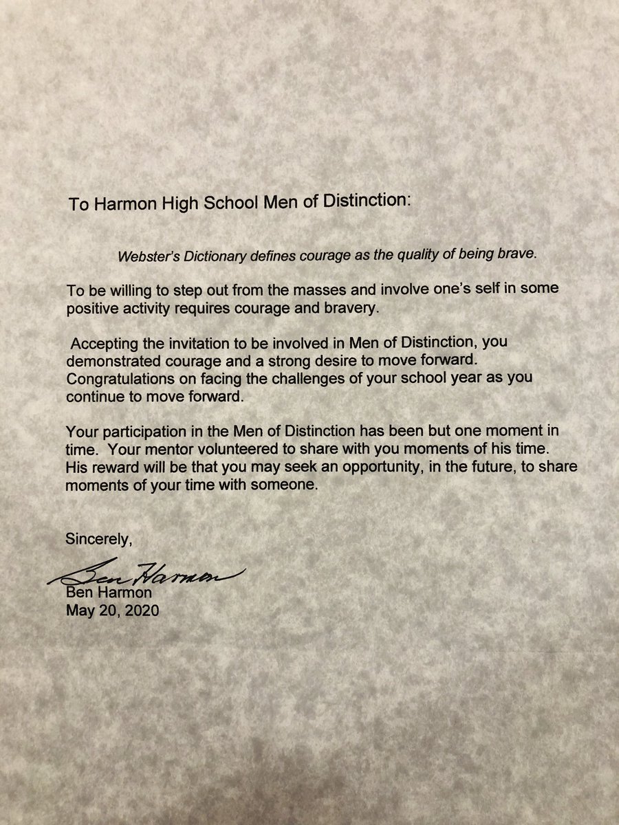 What a blessing to the Men of Distinction to each receive a letter from Mr. Ben Harmon.  What a great keepsake and moving words of wisdom to take with you the rest of your life.  #BHarmonNow #tears