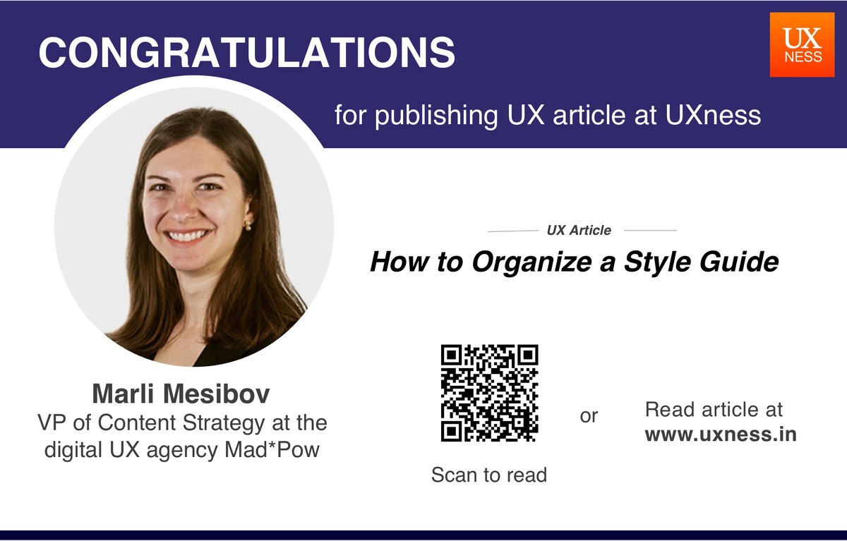 uxness's tweet photo. A great UX article written by Marli Mesibov (@marsinthestars ) published at UXness. "How to Organize a Style Guide"
Read at: https://t.co/FtpKjGtsch
Also, take a moment to congratulate @marsinthestars
#UX #Styleguide #Designers #UXness #Designthinking #UCD #UIUX https://t.co/XMDGFZiy5C