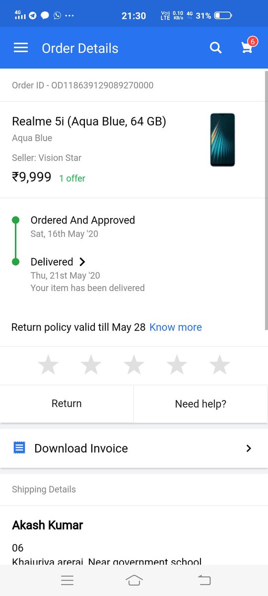 MantuTi53423541's tweet photo. Dear Flipkart Team, worst service by you. MY Order ID:OD118639129089270000 Realme 5i Blue, 64GB. Today was delivery but this is not delivered. and my order is showing delivered. This is fraud by your curior Boy. Delivered it ASAP. otherwise I will go to consumer @flipkartsupport https://t.co/tzDCtAVW82