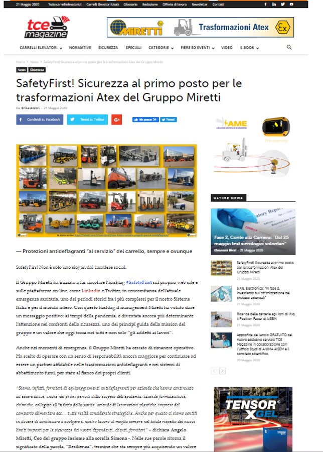 Ex_Protections's tweet image. #SafetyFirst! The Miretti activity in #ExplosionProtections and #Atex dispite Covid-19 with a positive spirit, the article published on Tuttocarrellielevatori.it miretti.com/safetyfirst-th…