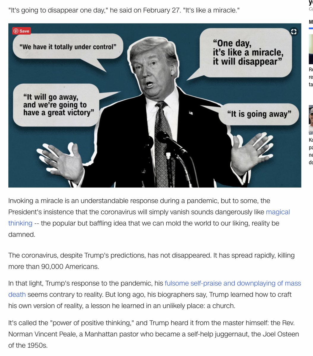 I've been wondering how long it would take for the media to make a link between Trump's literal belief in the magic of positive thinking and his insistence that COVID-19 would just cure itself and disappear.Looks like CNN finally made the explicit link.