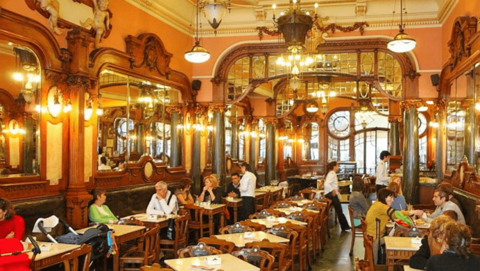 If it cheers up the people who're disappointed about the bookshop in Oporto, I wrote in here sometimes. This was probably the most beautiful café I ever wrote in, actually. The Majestic Cafe on Rua Santa Catarina.