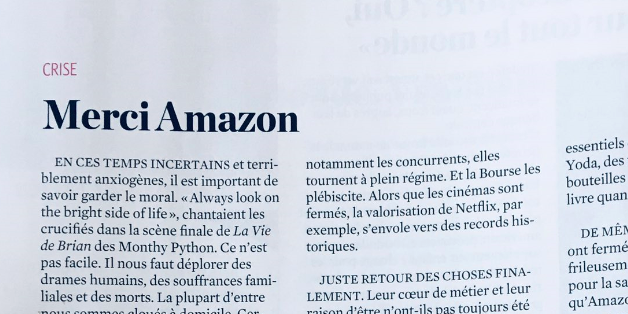 Cette chronique, signée du romancier/essayiste/consultant  @paul_vacca, a été publiée le 23 avril dans le magazine belge Trends Tendances. Elle est sobrement intitulée « Merci Amazon » : un titre dont on comprend vite l'ironie, car il s’agit - bien évidemment - de dénoncer.