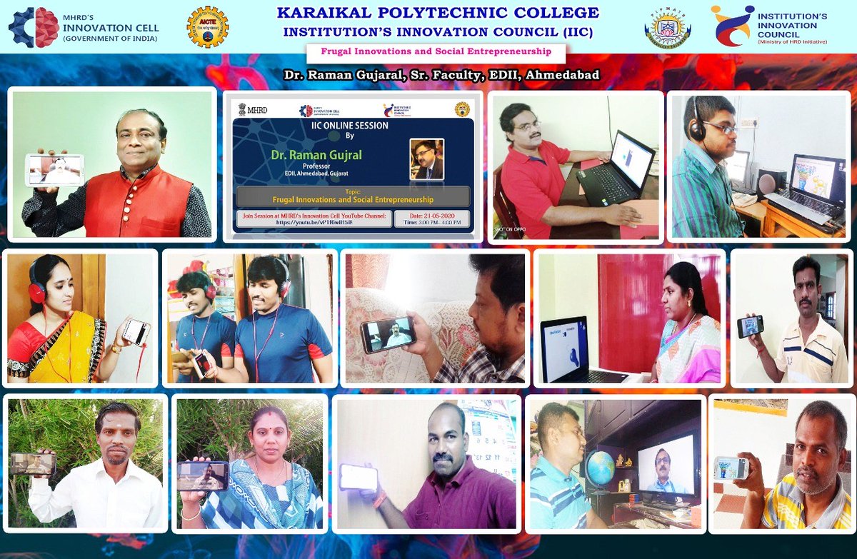 drsandanasamy's tweet photo. Today, the @Karaikal_KPTC fraternity attended #IIC_Online_Sessions by @mhrd_innovation cell on "Frugal Innovation &amp; Social Entrepreneurship" by Dr. @RamanGujral5, Sr. Faculty, @EDIIAhmedabad. @AICTE_INDIA @HRDMinistry #mhrdindia https://t.co/8hJRHbhzJW