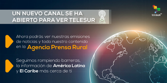 Seguimos rompiendo el cerco mediático🌐📺

Ahora desde la web de <a href="/PrensaRural/">Agencia Prensa Rural</a> puedes ver en VIVO y DIRECTO🔴 todo el contenido noticioso de <a href="/teleSURtv/">teleSUR TV</a>
 
La información de los pueblos de América Latina y El Caribe a tu disposición 👉🏾bit.ly/teleSUR  

#teleSURDondeEstés🌎