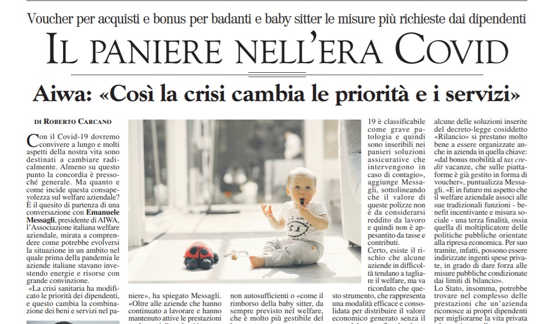 «In futuro mi aspetto che il #WelfareAziendale associ alle sue tradizionali funzioni quella di #moltiplicatore delle #PolitichePubbliche orientate alla ripresa economica»

L'intervista di <a href="/EMassagli/">Emmanuele Massagli</a> su <a href="/MilanoFinanza/">MilanoFinanza</a>👇aiwa.it/2020/05/aiwa-c…