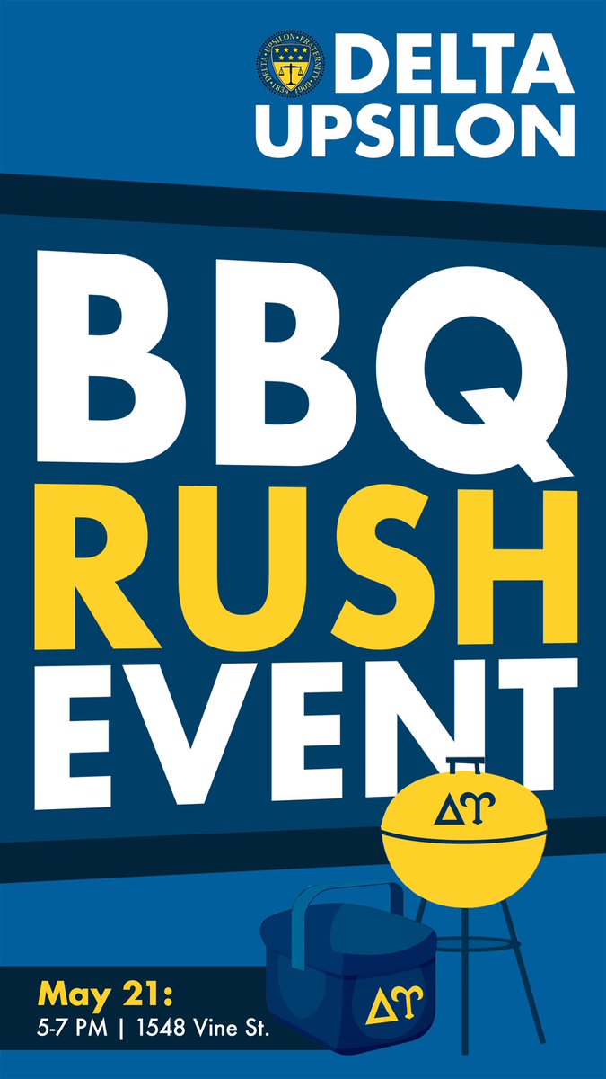 🚨RUSH EVENT🚨

Swing by the DU house tonight from 5-7pm for a BBQ in the courtyard! There will be burgees, hoops, and house tours, so be sure to come out and meet the guys. Text a rush chair if you have any questions!