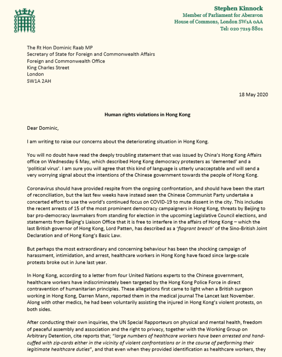 SKinnock's tweet photo. Concerning news that Beijing is again looking to introduce A23 legislation to amend Annex III of Hong Kong’s Basic Law, clamping down on political opposition &amp; NGOs https://t.co/gmRDWPyJlE

Chinese govt must match power with responsibility. On Monday I wrote to @DominicRaab on HK https://t.co/b8OsDFvCPq