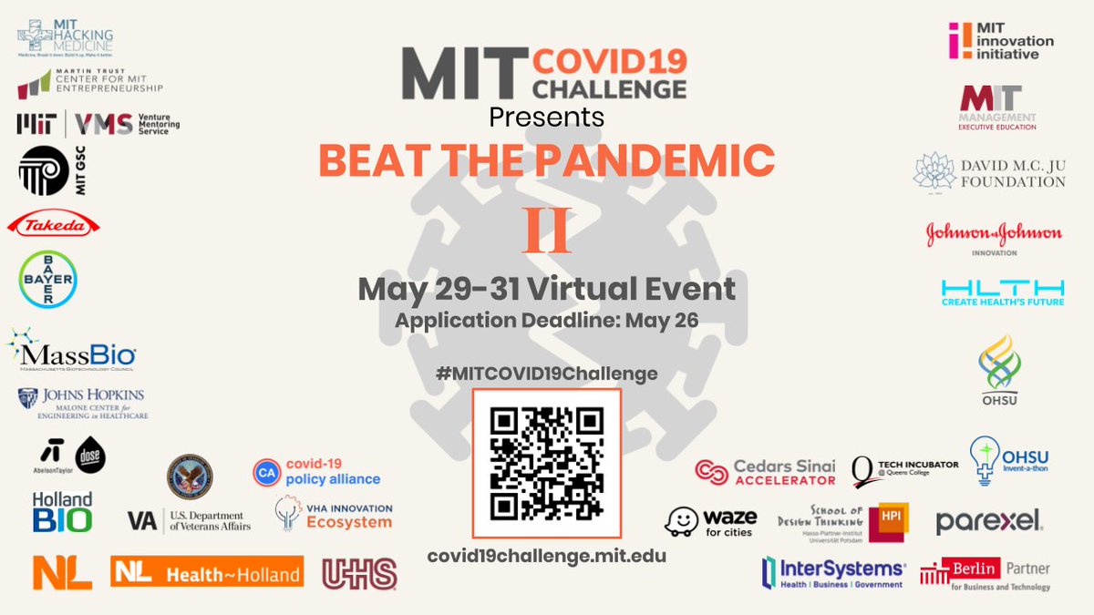 Beat the Pandemic II, the next MIT #MITCOVID19Challenge virtual event on May 29-31, brings together the
#healthcare community to talk about pressing themes like re-opening safely and preparing for resurgences. If you are up for it, sign up here: covid19challenge.mit.edu