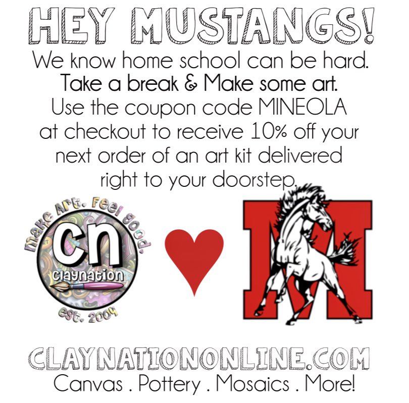 In honor of #ArtsWeek and Mineola’s distance learning achievements, ClayNation of Glen Cove is offering a special discount for art packages, and they deliver! Just use the code: MINEOLA when you order 👩🏽‍🎨 👨🏻‍🎨. #mineolaproud @MeadowDrMineola <a href="/Hampton_Street/">Hampton Street</a> <a href="/Jackson_Ave/">Jackson Ave School</a> <a href="/MineolaUFSD/">Mineola UFSD</a>