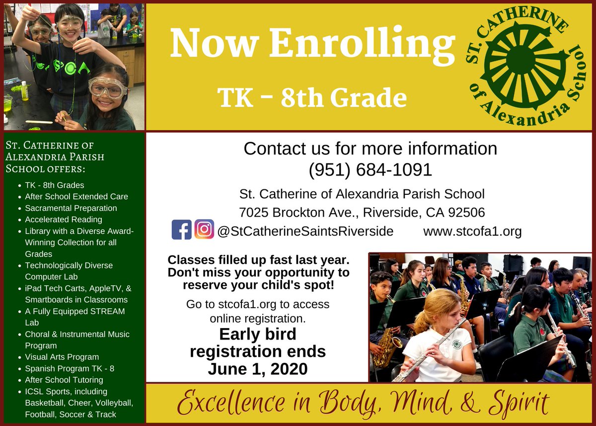 StCatherineRiv's tweet photo. Now Enrolling at St. Catherine of Alexandria Parish School. Register this month to save $50 on each registration fee.  Early bird registration ends June 1st. For more information call (951) 684-1091 or visit our website at https://t.co/D8Jyw9LfoI. @SBDioceseSchool @sbdiocese https://t.co/0822q56cnc
