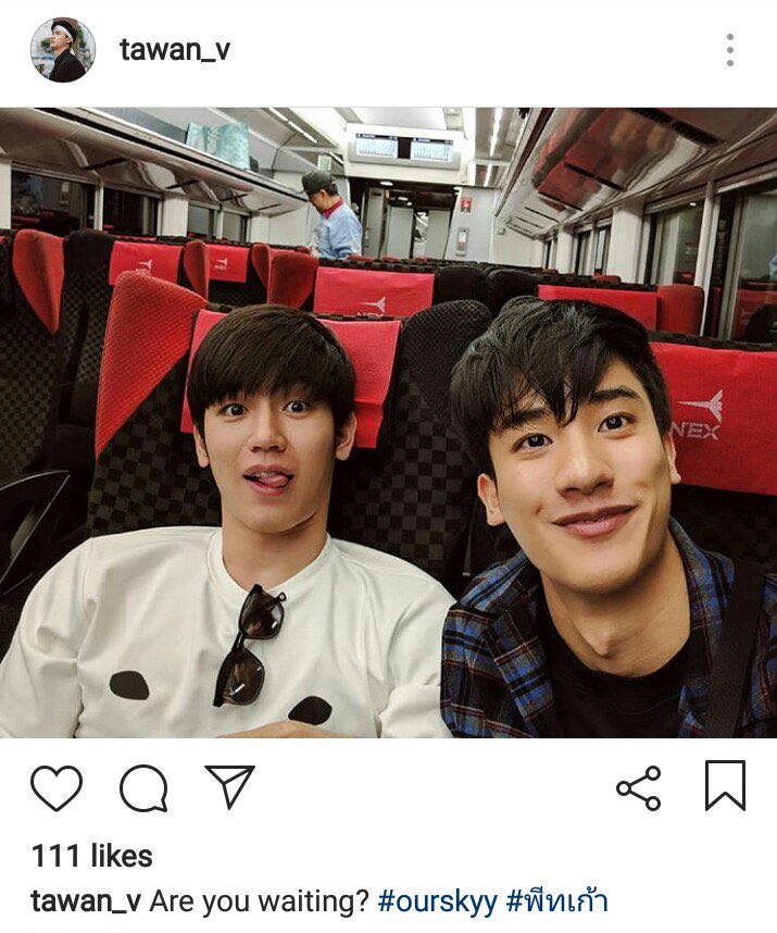 taynew posted these selfies on their ig while they are on a train in japan 