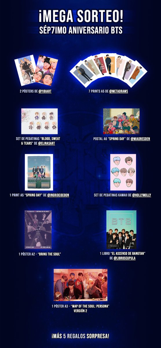 BTS_Spain's tweet photo. 💜 ¡MEGA SORTEO 7º ANIVERSARIO BTS!

Sabemos que este verano tendría que haber sido especial, así que queríamos alegraros un poco haciendo esto 🥺

- Da RT al tweet
- Síguenos y a @LibrosCupula
- ¡Gana 1 participación extra si haces streaming de "Map of the Soul: 7"!

Más info 👇 https://t.co/2Bn5L4ocXT