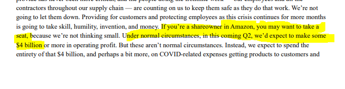 Surtout, au début du communiqué, Jeff Bezos demande à ses actionnaires de... bien vouloir s’asseoir.Et pour cause. Au lieu des 4 milliards de bénéfices attendus au 2e trimestre "dans un environnement normal", il leur demande maintenant de s'attendre à... des pertes. 
