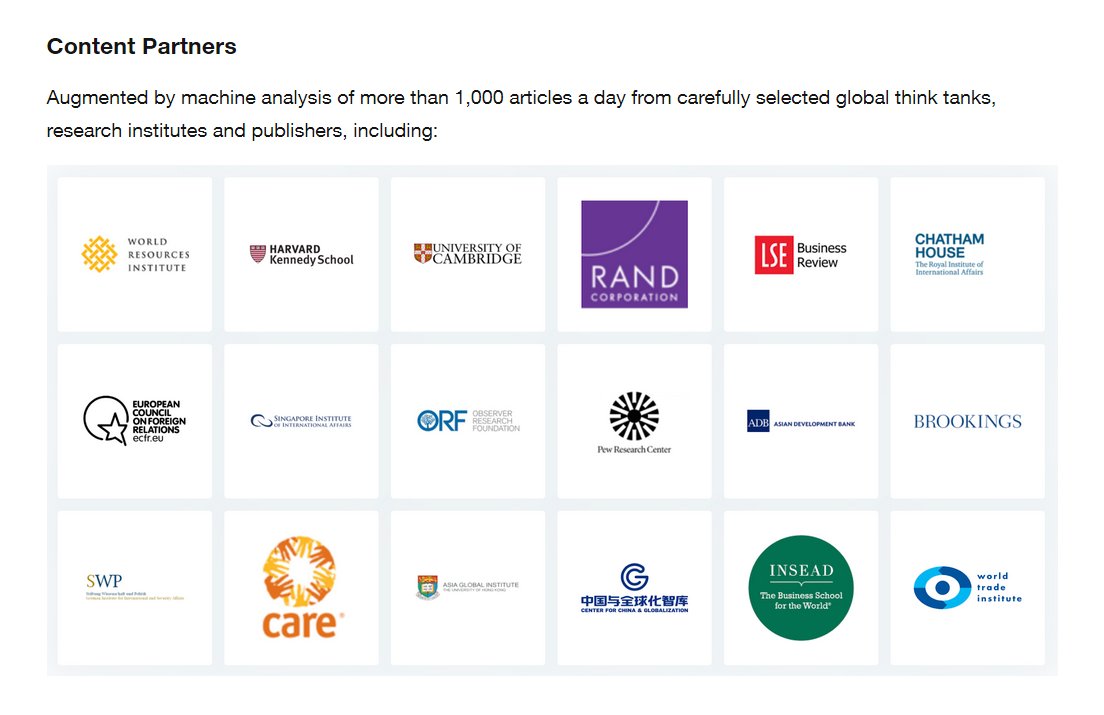 Content partners serve as another arm of the  #WEF Strategic Intelligence: "Augmented by machine analysis of more than 1,000 articles a day from carefully selected global think tanks, research institutes & publishers" including  #WRI &  #Brookings.  https://www.weforum.org/strategic-intelligence