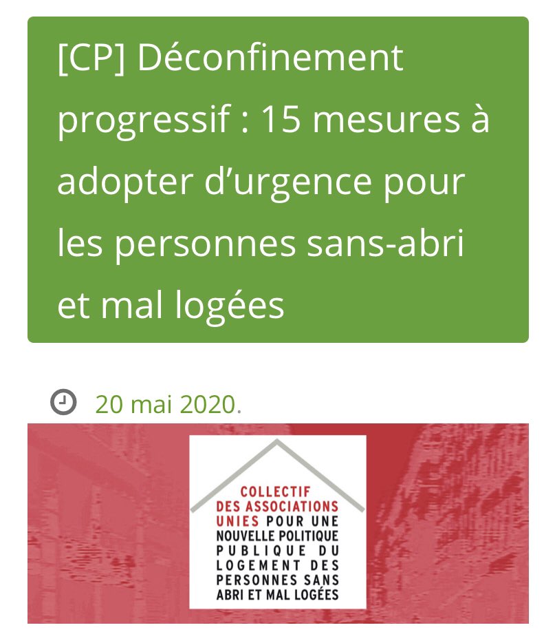 🔴 [#Covid19] 15 mesures d'urgence pour les personnes sans abri et mal logées ! par @CollAssoUnies 
➡️ Pour que demain ne ressemble pas à hier, 15 mesures à adopter d’urgence : facebook.com/20388854966184…
➡️ Communiqué de presse en intégralité sur le site de <a href="/FedeSolidarite/">Fédération des acteurs de la solidarité</a>