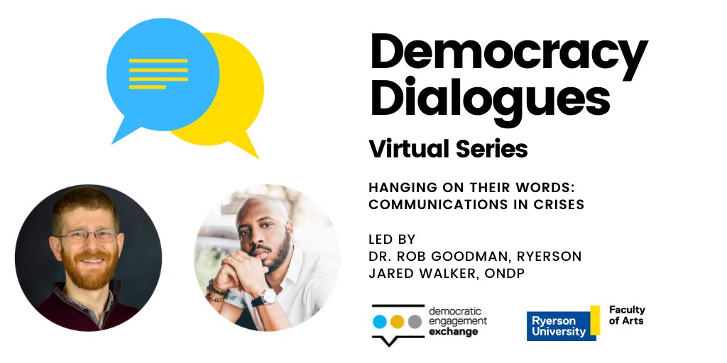 Today's #DemocracyDialogues has just started! We're hearing from @GoodmanRob1 & @JAWalker on communications strategies during #COVID19. The recording will be posted tomorrow, but in the meantime follow this thread for highlights and join the convo! 👇💻

#cdnpoli