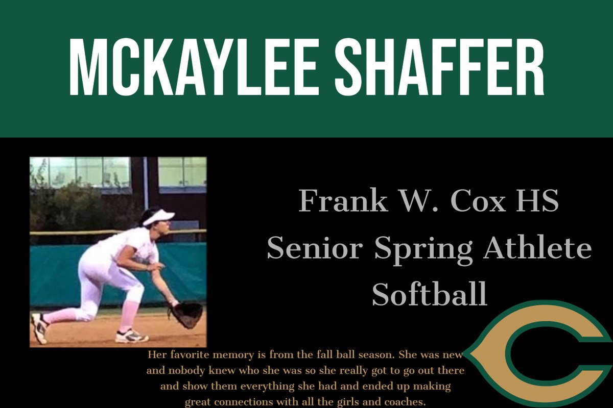 Frank W. Cox HS (@frankwcoxhs) on Twitter photo Today we celebrate <a href="/coxclass2020/">Cox Class Of 2020</a> student-athlete McKaylee Shaffer! McKaylee will attend Mary Baldwin University this fall to continue her academic and softball career. She plans to major in Business and minor in Art. Today we celebrate <a href="/coxclass2020/">Cox Class Of 2020</a> student-athlete McKaylee Shaffer! McKaylee will attend Mary Baldwin University this fall to continue her academic and softball career. She plans to major in Business and minor in Art.