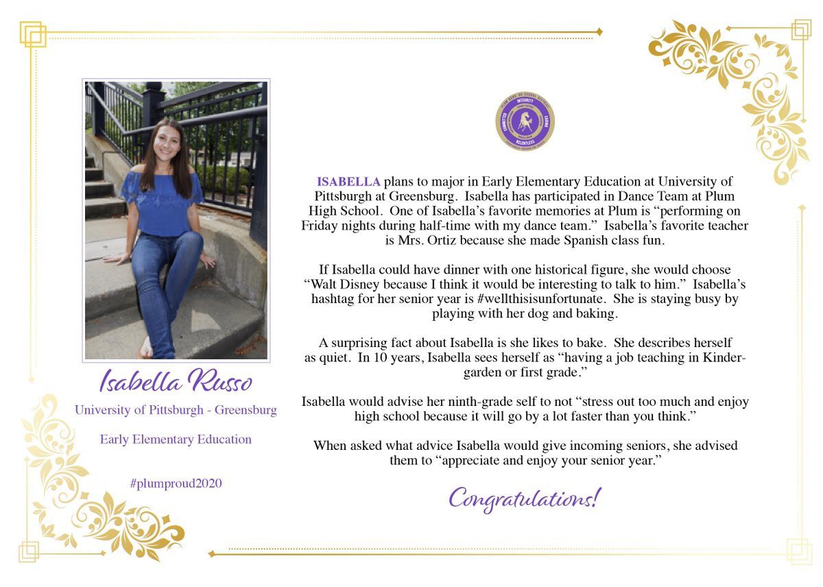 Join us as we celebrate Isabella Russo as our Class of 2020 Senior Shout Out!

<a href="/fishellj/">Joe Fishell</a> @phsmustang @MrSzarmach <a href="/HPEPBSD/">Fran Sciullo, D.Ed.</a> <a href="/mr_boyers/">Nick Boyers</a> <a href="/MariaFajt/">Maria Fajt</a> @JKPlum1 <a href="/MrsGestrich/">Mrs. Gestrich</a> <a href="/DrRickWalsh/">Dr. Rick Walsh</a> <a href="/DeniseLSedlacek/">Denise L. Sedlacek</a> @pbsdsupt

#plumproud2020