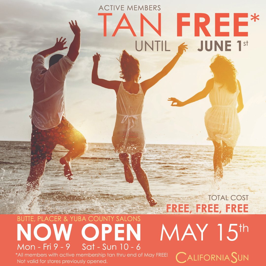 CaliforniaSun's tweet image. Our Butte, Placer and Yuba county stores are OPEN!
Active members will tan free until June 1st, 2020, so come on in and get glowing!
