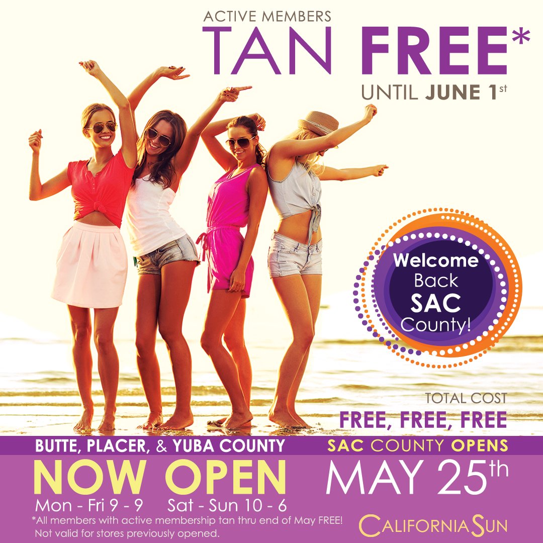 CaliforniaSun's tweet image. Alright Sacramento County...the wait is over! Spa locations open MONDAY at 9am!! We can’t wait to see you 💕
Welcome Back! Tan Free until June 1st, 2020.