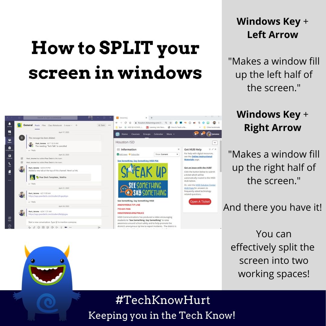 Want to make two even screens on your desktop to #multitask? Auto adjust and move your windows to the left or right. Watch How: bit.ly/TechKnowHurtE1  #TechKnowHurt.  #TechTips411 #TechNews #edtech #edutwitter #TechTip #EduTech