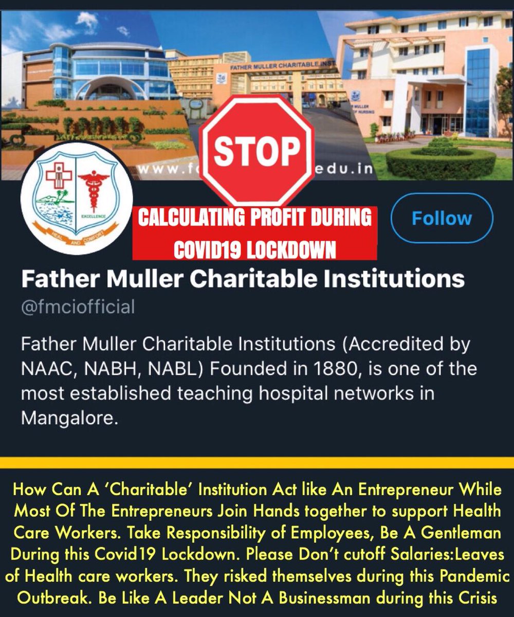 Hospitals like KMC, Yenepoya & KS Hegde gives Full salary with 50% Rotational work.But ‘Charitable’ NABH, NAAC & NABL Accredited Father Muller Medical Hosp' Mangaluru Deducting Leave & salaries of Healthcare Workers.Business Calculation during  #COVID19 Lockdown is shameless.2/n