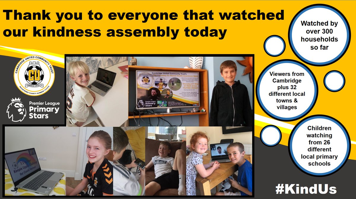 CUFCFoundation's tweet photo. ๐๐คA huge thank you to everyone that joined us for our 'kindness' assembly today. Here are some of the pictures we were sent of children in our community getting involved. If you missed it, the link is here โก๏ธhttps://t.co/rkjStSu30V #KindUs #PLPrimaryStars @PLCommunities https://t.co/O1SPPNoAKj