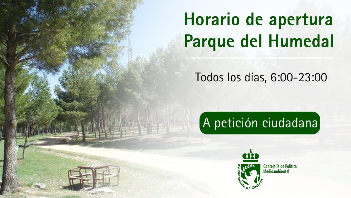 🕜 Ante distintas peticiones ciudadanas de adelantar la apertura del Parque del Humedal,

🌳 El parque abrirá, todos los días, de 6:00 a 23:00 hs. 🕜 

¡Desde la Concejalía de Política Medioambiental animamos a la participación ciudadana! #Coslada se construye entre todos/as 💚