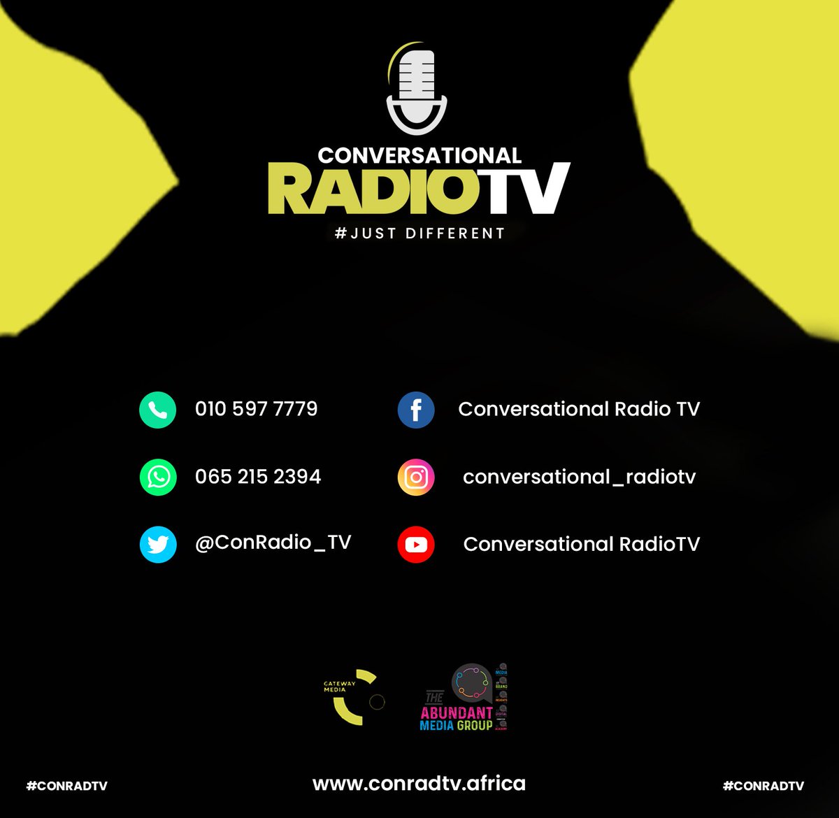 ConRadio_TV's tweet photo. We want to hear from you๐ You can now reach us on all social platforms and contact details mentioned below. Do join us every Friday from 4-6pm with our hosts of the most @thatomolamu and @mmusomatlala #ConradTV #Gatewaymediaza #MediaConnection #TBC #JustDifferent https://t.co/aOpFOYXRwJ