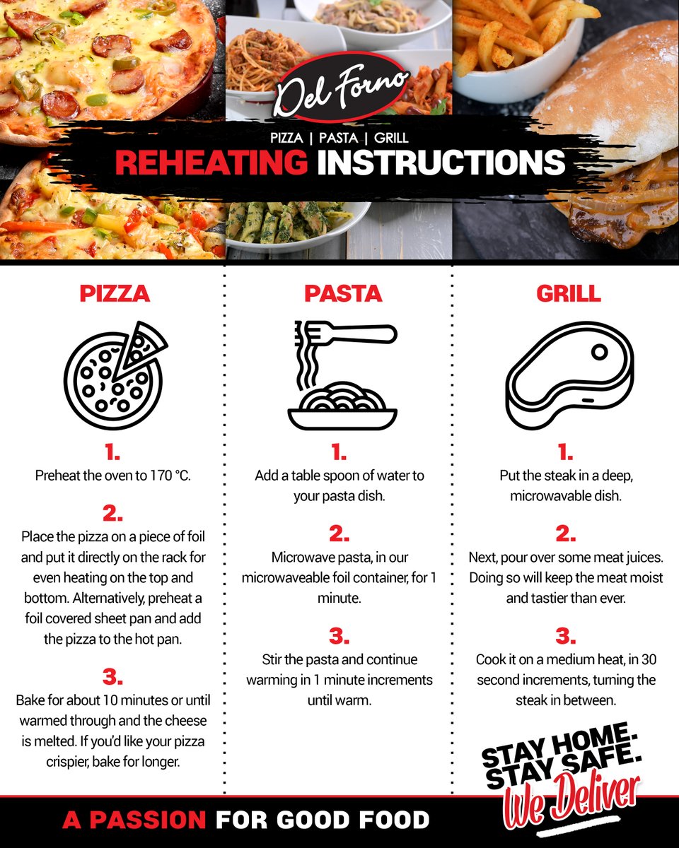 DelForno_SA's tweet photo. Reheating Instructions for our delicious Pizzas🍕, Pastas🍝 &amp; Steaks🥩.
A Passion For Good Food.😁

Reheat and enjoy. Magic with every bite.😁

#DelForno #StayHome #StaySafe #wedeliver https://t.co/IFpYL6CiOh