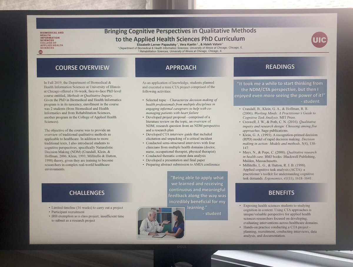 elpPhD's tweet image. Mini #CognitiveTaskAnalysis #NDM project was part of @UICAHS BHIS504 #qualmethods in Fall 2019. Thanks for great work #PhD students @KaelinVera &amp;amp; Haleh Vatani! I just presented a #poster on this #course experience at #hcs2020 @HFES @HFESHealthTG @Boydinformatics @mary_khetani