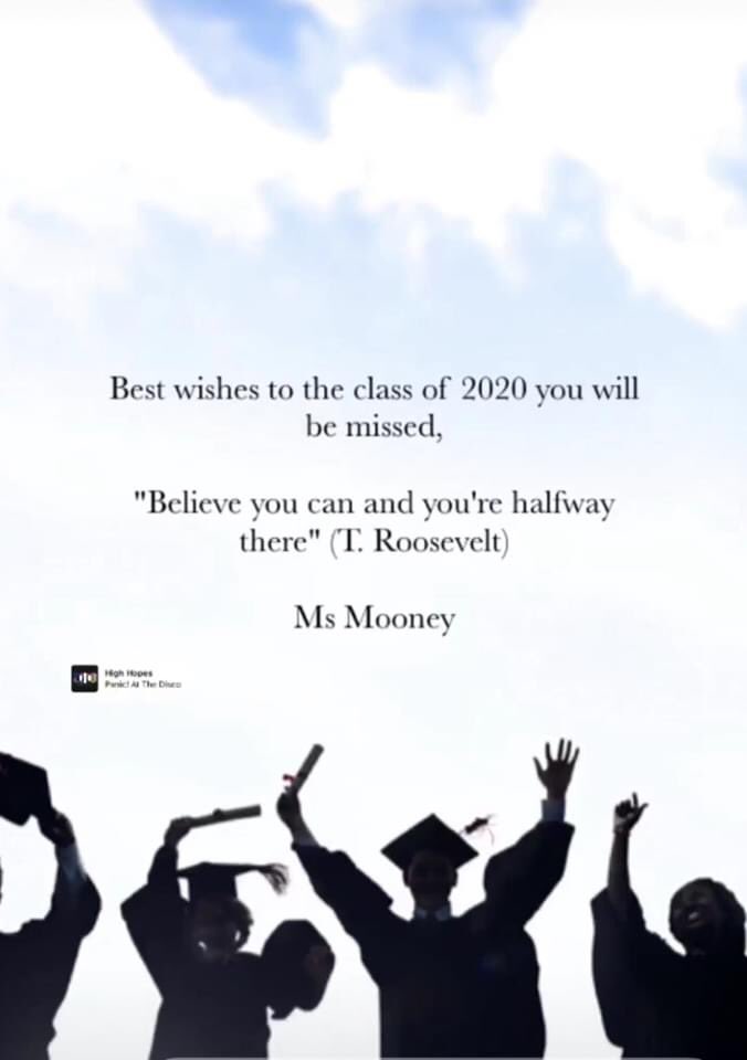 DeansrathCC's tweet photo. The class of 2020! Here are some messages from staff to send you on your journey.Hope you all enjoyed the Virtual Farewell! We wish you all the very best.#DCCisTheKey https://t.co/E26tnT6P7o