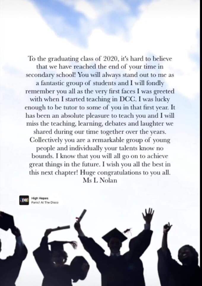 DeansrathCC's tweet photo. The class of 2020! Here are some messages from staff to send you on your journey.Hope you all enjoyed the Virtual Farewell! We wish you all the very best.#DCCisTheKey https://t.co/E26tnT6P7o