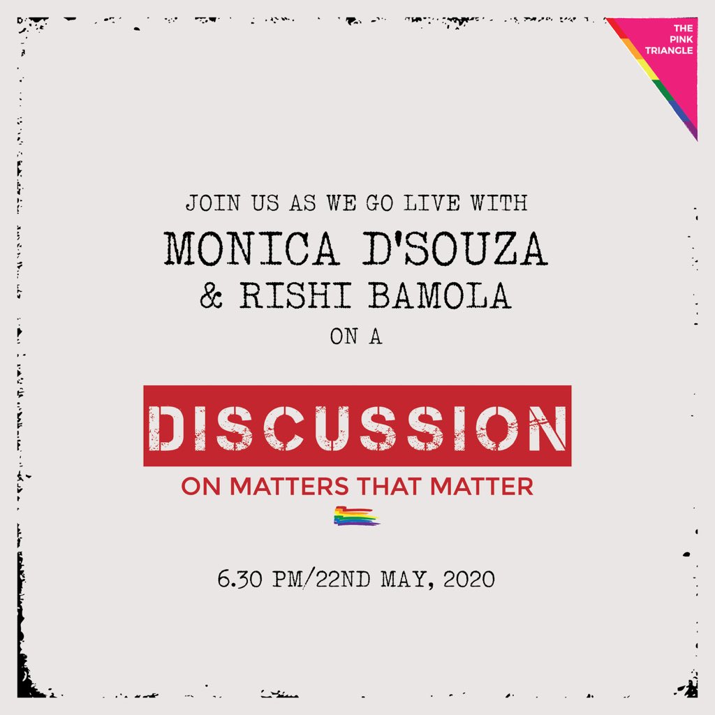 PinkTriangleIN's tweet photo. Join us tomorrow at 6:30pm on Instagram Live (@/thepinktriangleindia) as we discuss all things LGBTQ+ with Rishi Bamola and Monica D’souza! See you there!

#lgbt #lgbtq #lgbtpride #lgbtqpride #queerpride #pride #genderqueer #genderequality #queer #equality #equity #onelove https://t.co/LiSzAzbcZp