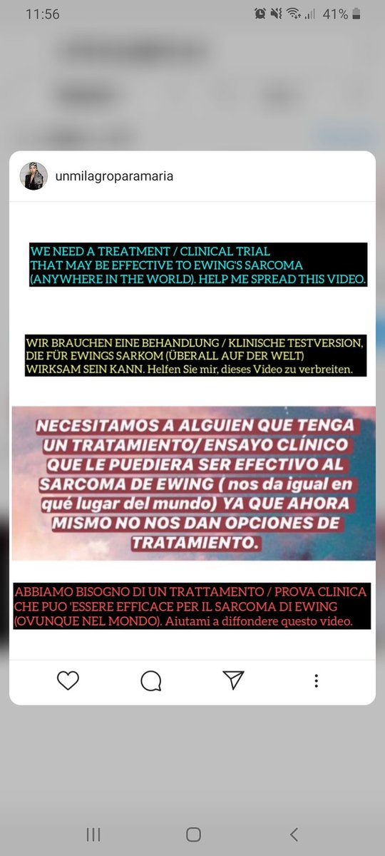 ¡MÁXIMA DIFUSIÓN!
Este mensaje es súper importante para que Maria pueda encontrar un ensayo clínico que pueda ser efectivo contra el Sarcoma!
Juntos hay que ayudarla! ❤🙏🙏
<a href="/maria__sanchzz/">María Sánchez</a>
#siemprefuertes 
#ejercitomaria