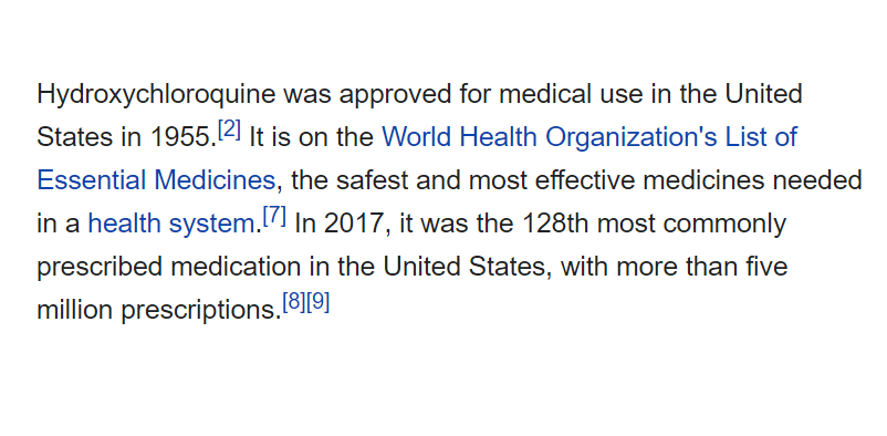 72) Hydroxychloroquine was first approved for use in the U.S. in 1955, and is considered an essential medication.It is among the safest drugs on the market and is one of the most commonly prescribed medications. https://en.wikipedia.org/wiki/Hydroxychloroquine