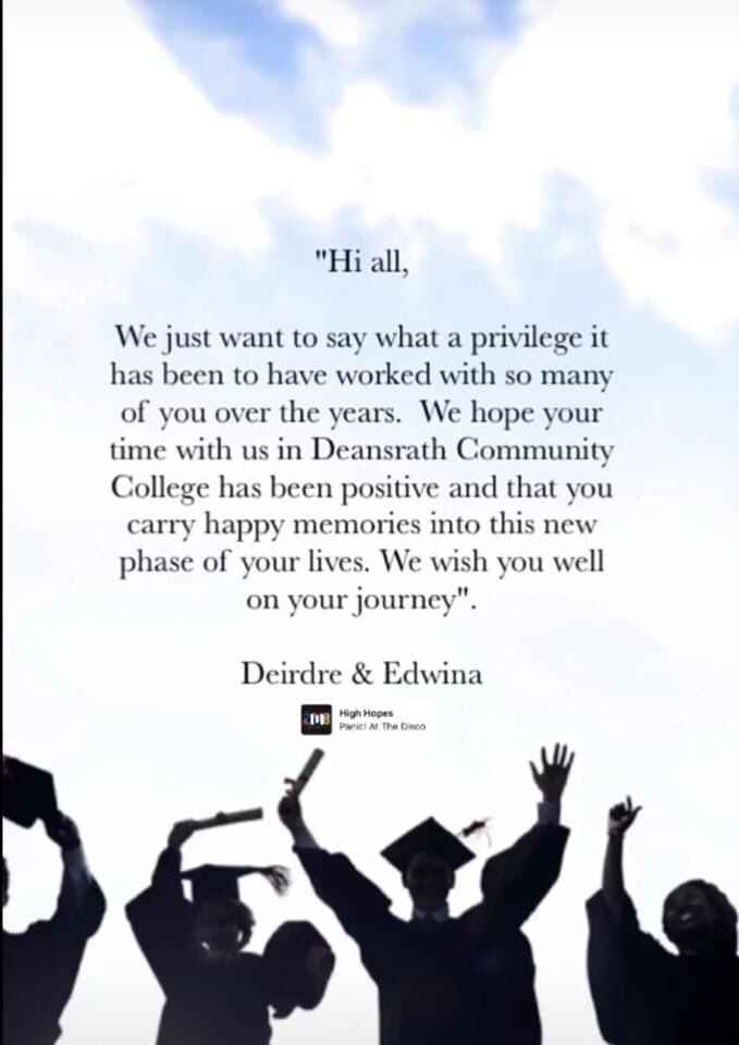DeansrathCC's tweet photo. Class of 2020! Some more messages from staff to send you on your journey. Hope you all enjoyed the Virtual Farewell! We wish you all the very best. #DCCisTheKey https://t.co/KmBlKEE3rO