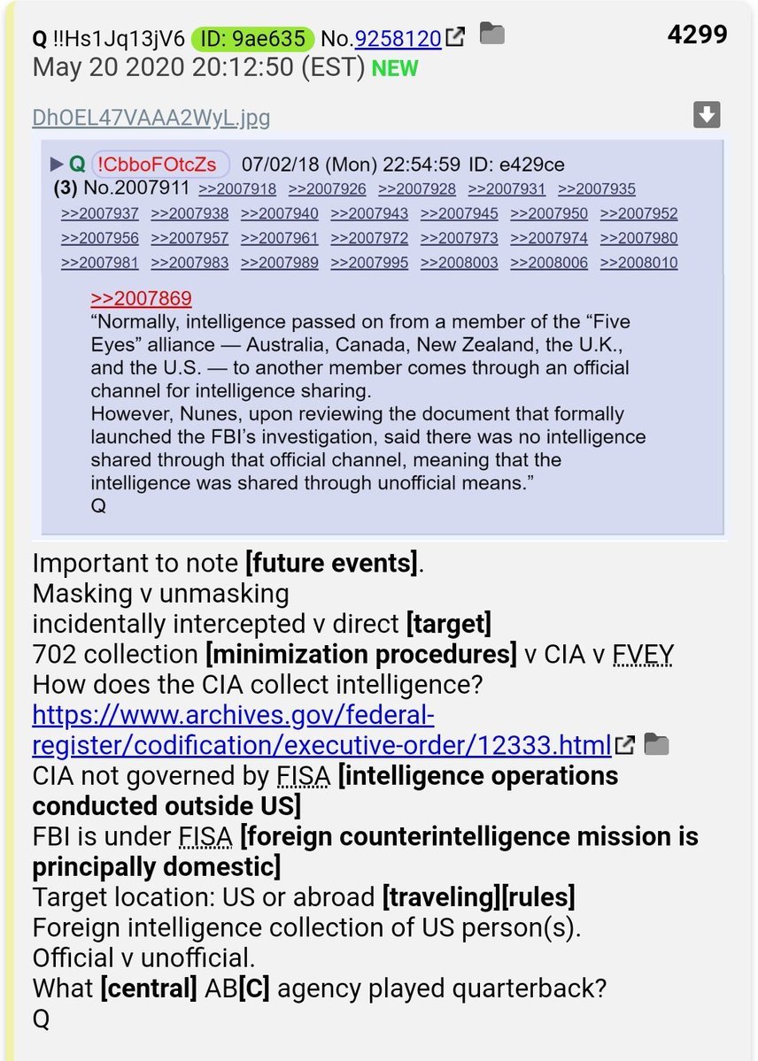 29.  #QAnon [Hussein]'s spy inserts & umbrella collection violated statutes: US' use of UK, Aus, NZ, Canada's spy networks (Five Eyes, "FVEY") to spy on Trump campaign, and attempt to frame it, went through an "unofficial channel" Nunes found.  #ObamaGate https://www.archives.gov/federal-register/codification/executive-order/12333.html