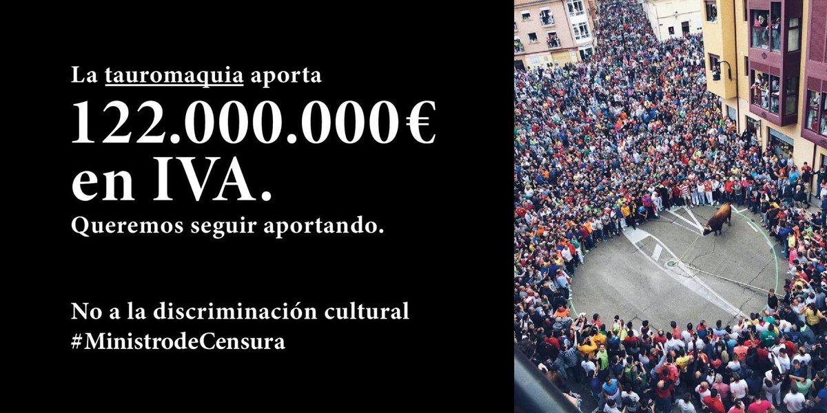 🤐¡Basta de discriminación!💪🏼

La Tauromaquia aporta 122 millones de euros en IVA. ¡Queremos seguir aportando!

<a href="/jmrdezuribes/">José Manuel Rodríguez Uribes</a> <a href="/culturagob/">Ministerio de Cultura</a>
 #MinistrodeCensura